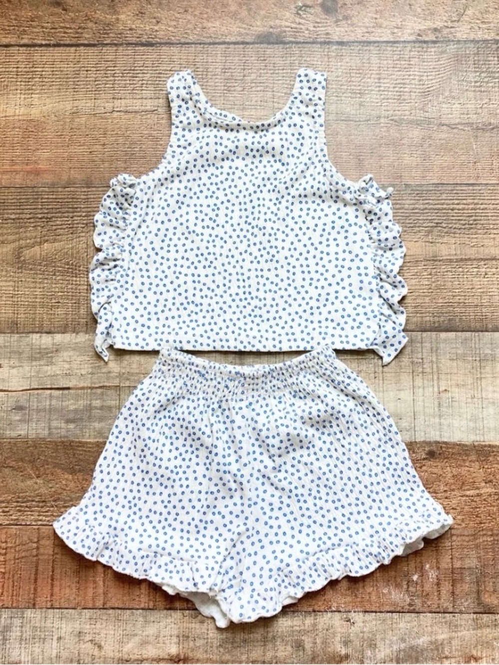 Zara Girls Blue Ditsy Floral Ruffle Crop Top & Shorts Set | 2–4Y